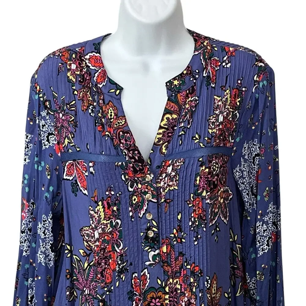 Anthropologie Diana Pintucked Tunic Dress Sz S Ruffled Hem Bubble Sleeve Floral - Picture 4 of 12